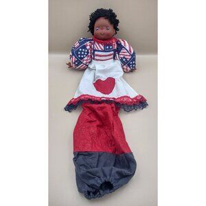 Vintage Handmade Black Folk Art Patriotic Rag Doll American Flag Dress